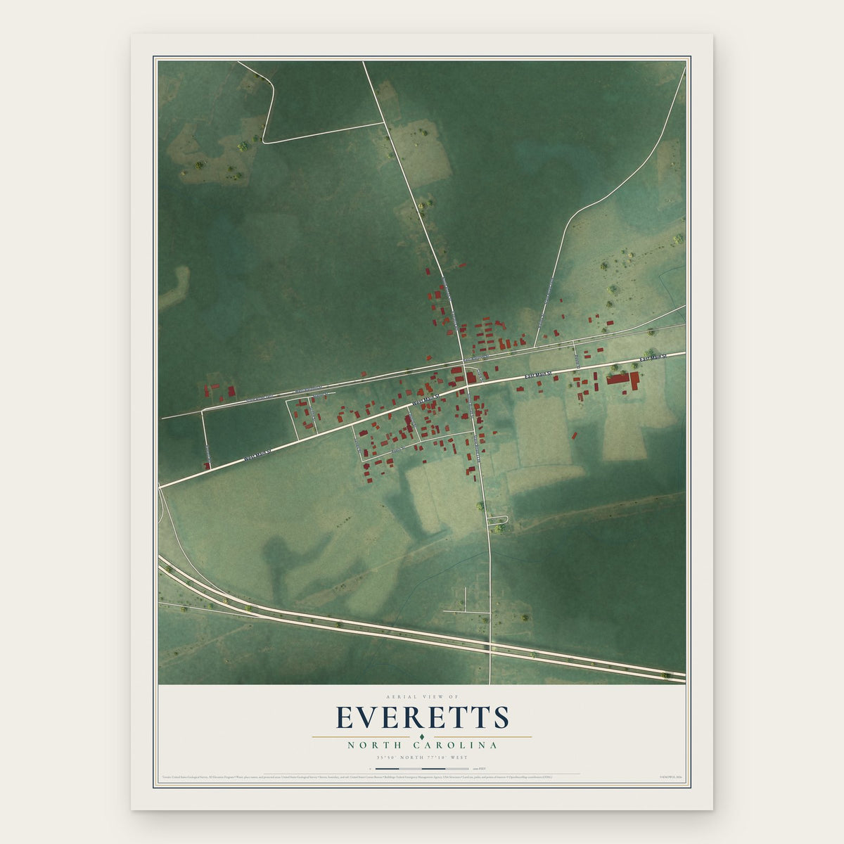 Everetts, North Carolina map print, the full design