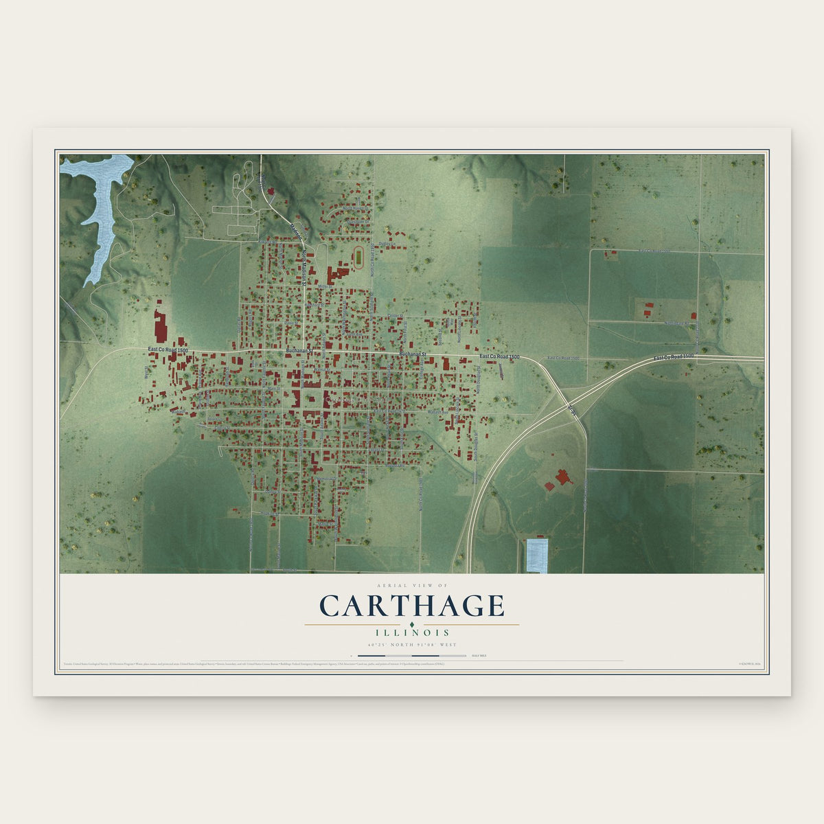 Carthage, Illinois map print, the full design