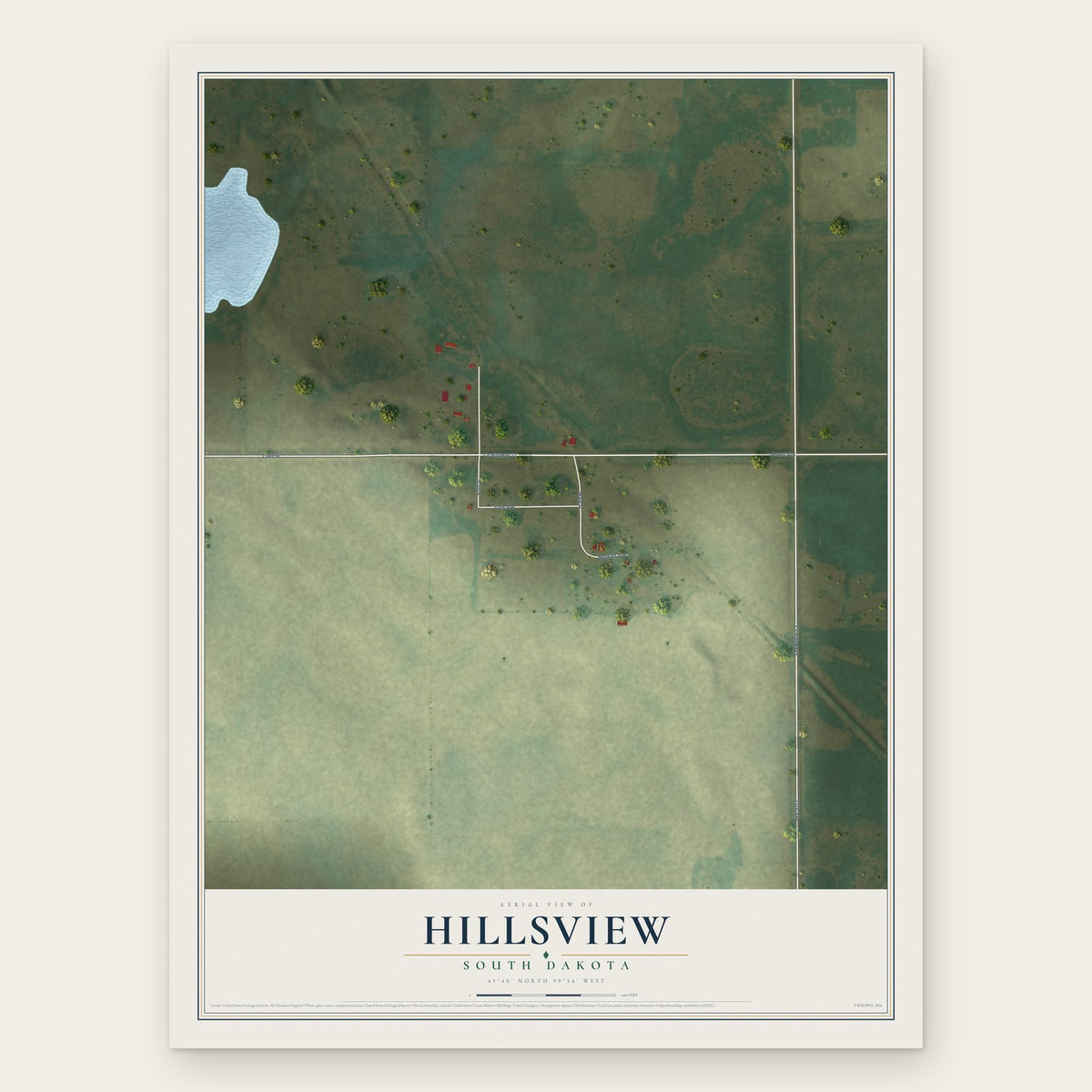 Hillsview, South Dakota map print, the full design