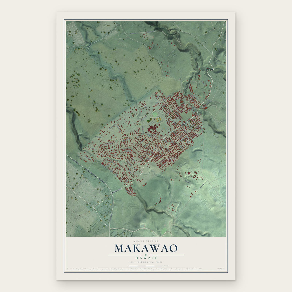 Makawao, Hawaii map print, the full design