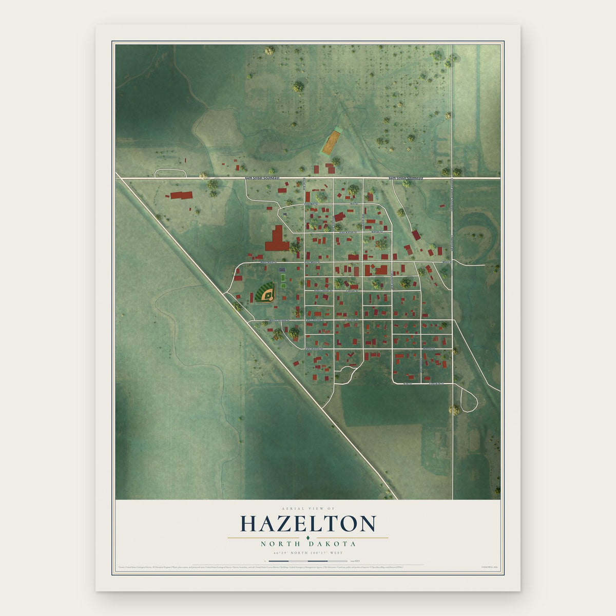 Hazelton, North Dakota map print, the full design