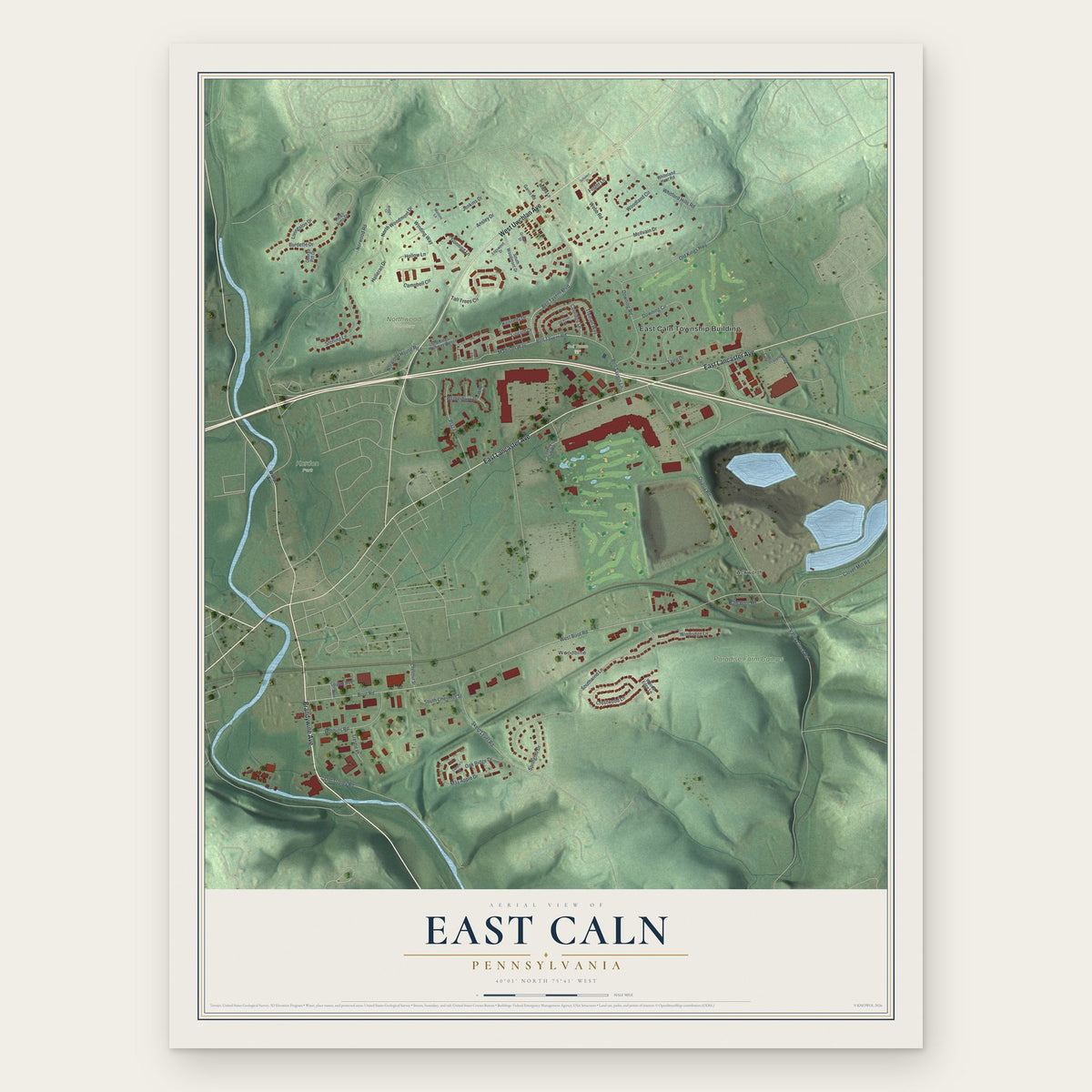 East Caln, Pennsylvania map print, the full design