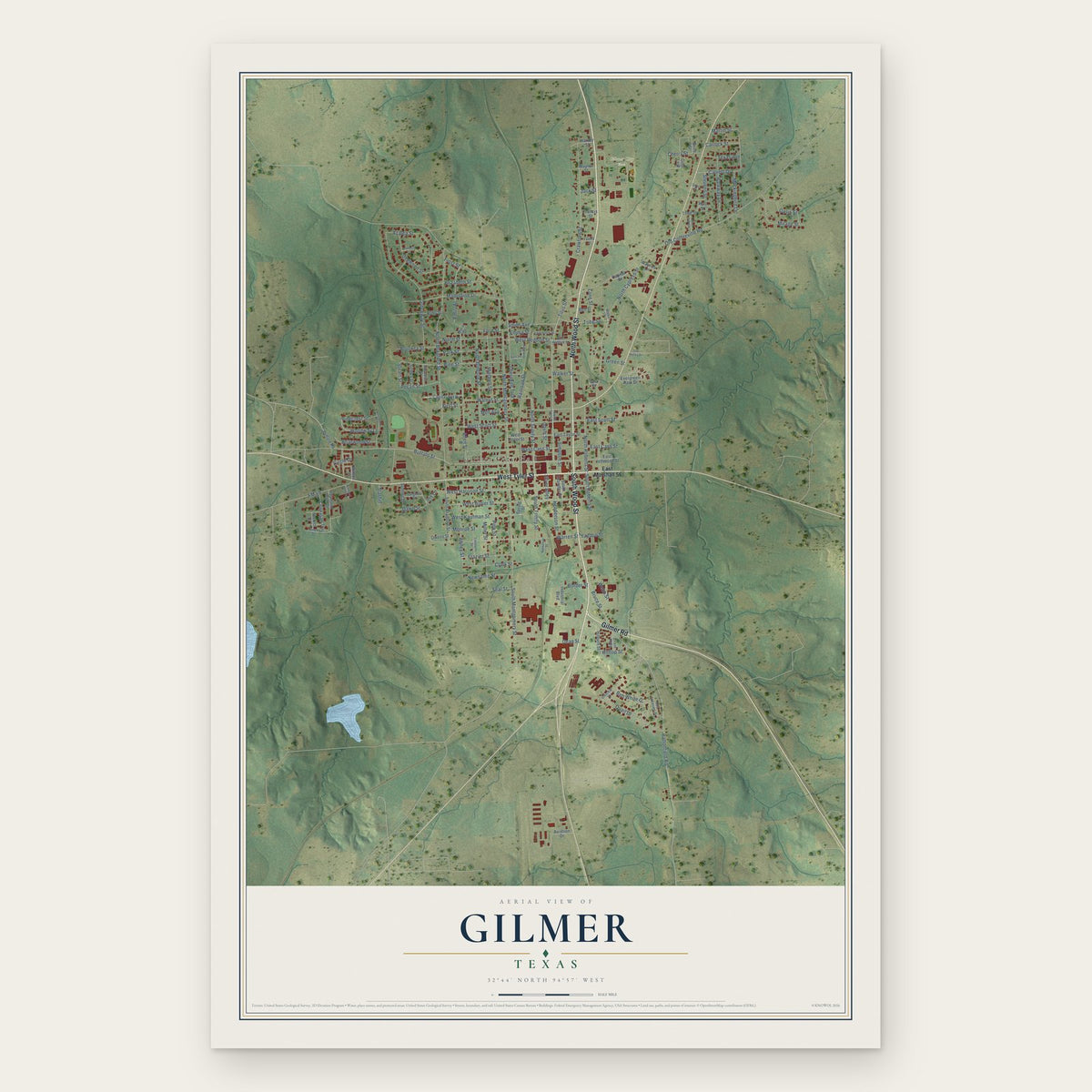 Gilmer, Texas map print, the full design