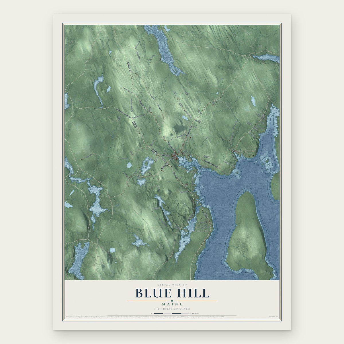 Blue Hill, Maine map print, the full design