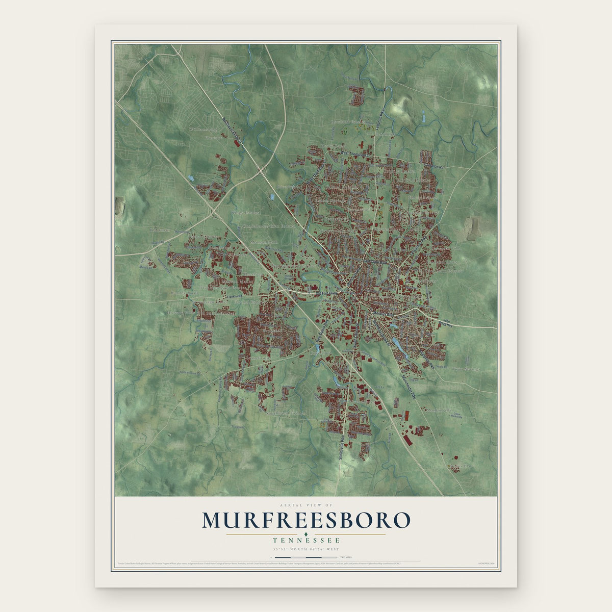 Murfreesboro, Tennessee map print, the full design