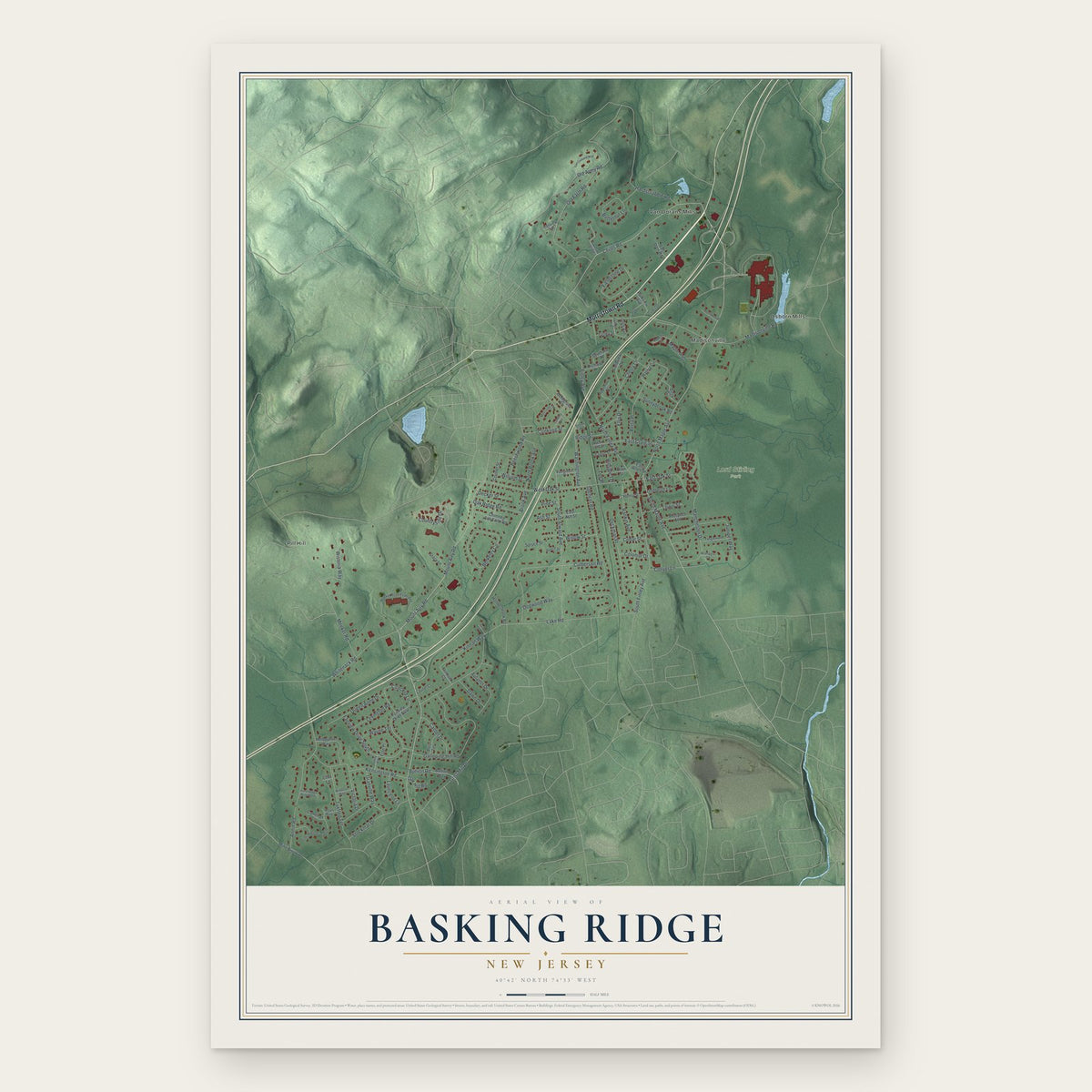 Basking Ridge, New Jersey map print, the full design