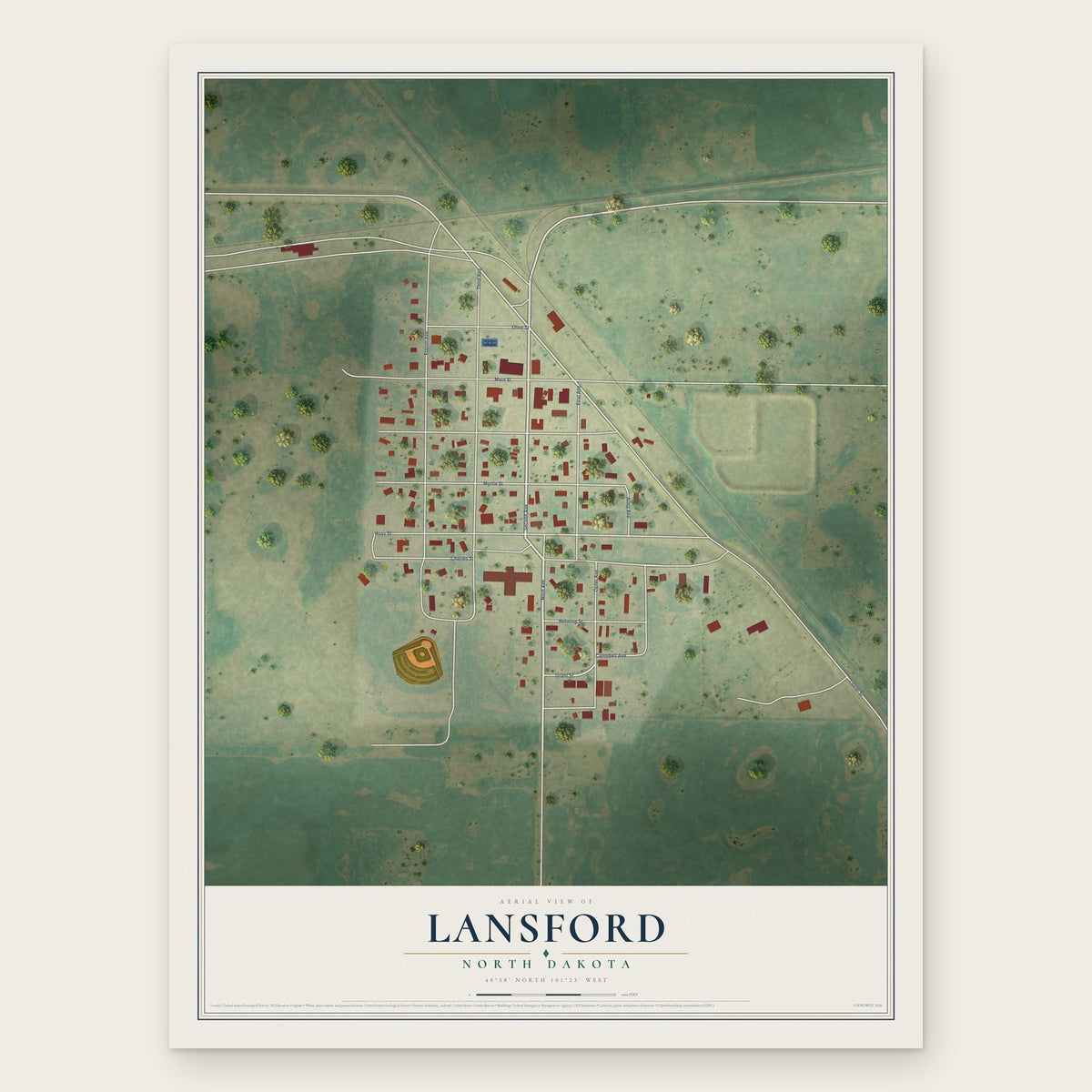 Lansford, North Dakota map print, the full design