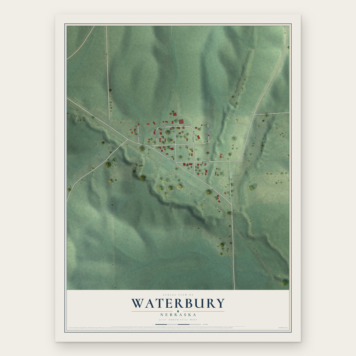 Waterbury, Nebraska map print, the full design