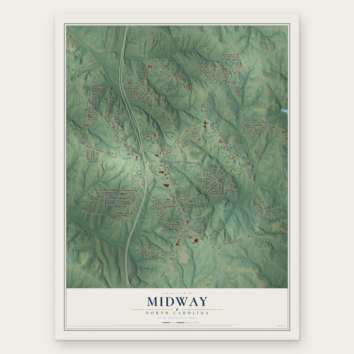 Midway, North Carolina map print, the full design