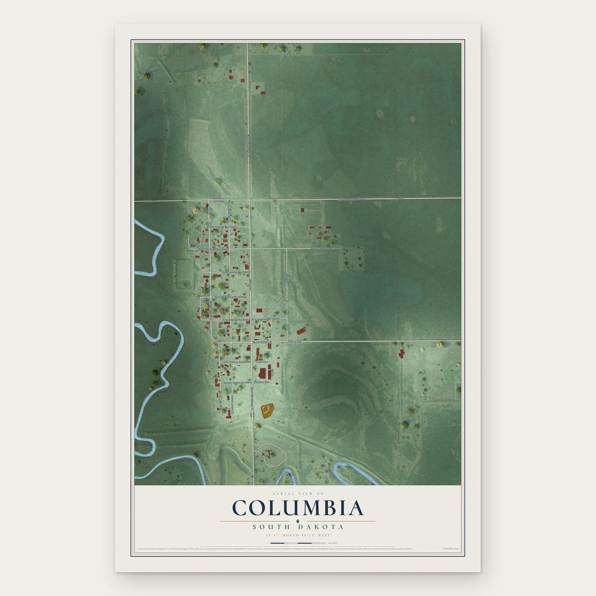 Columbia, South Dakota map print, the full design