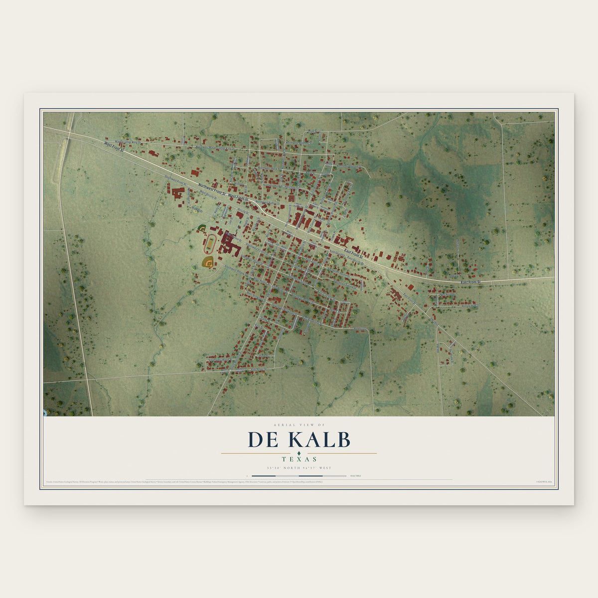 De Kalb, Texas map print, the full design