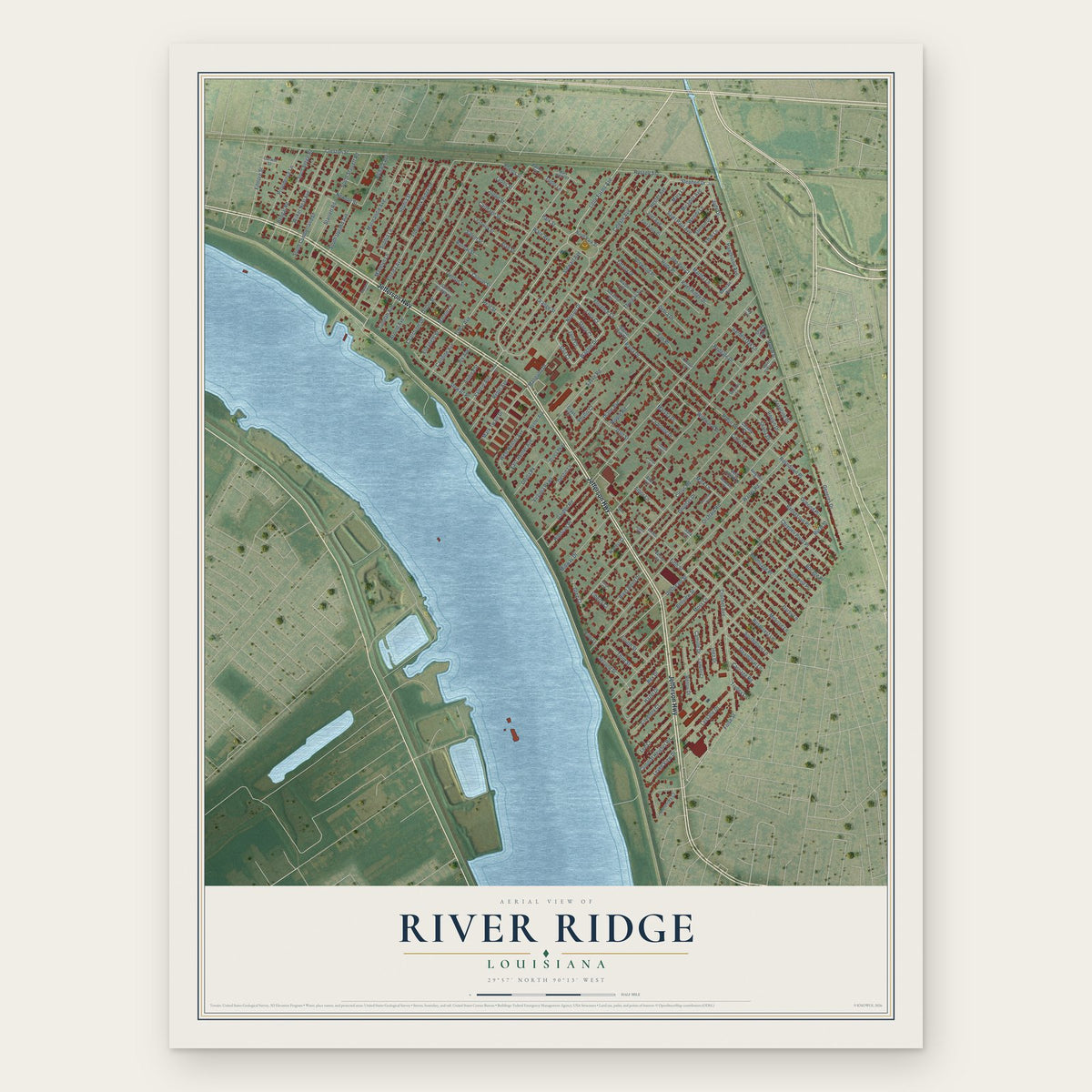 River Ridge, Louisiana map print, the full design