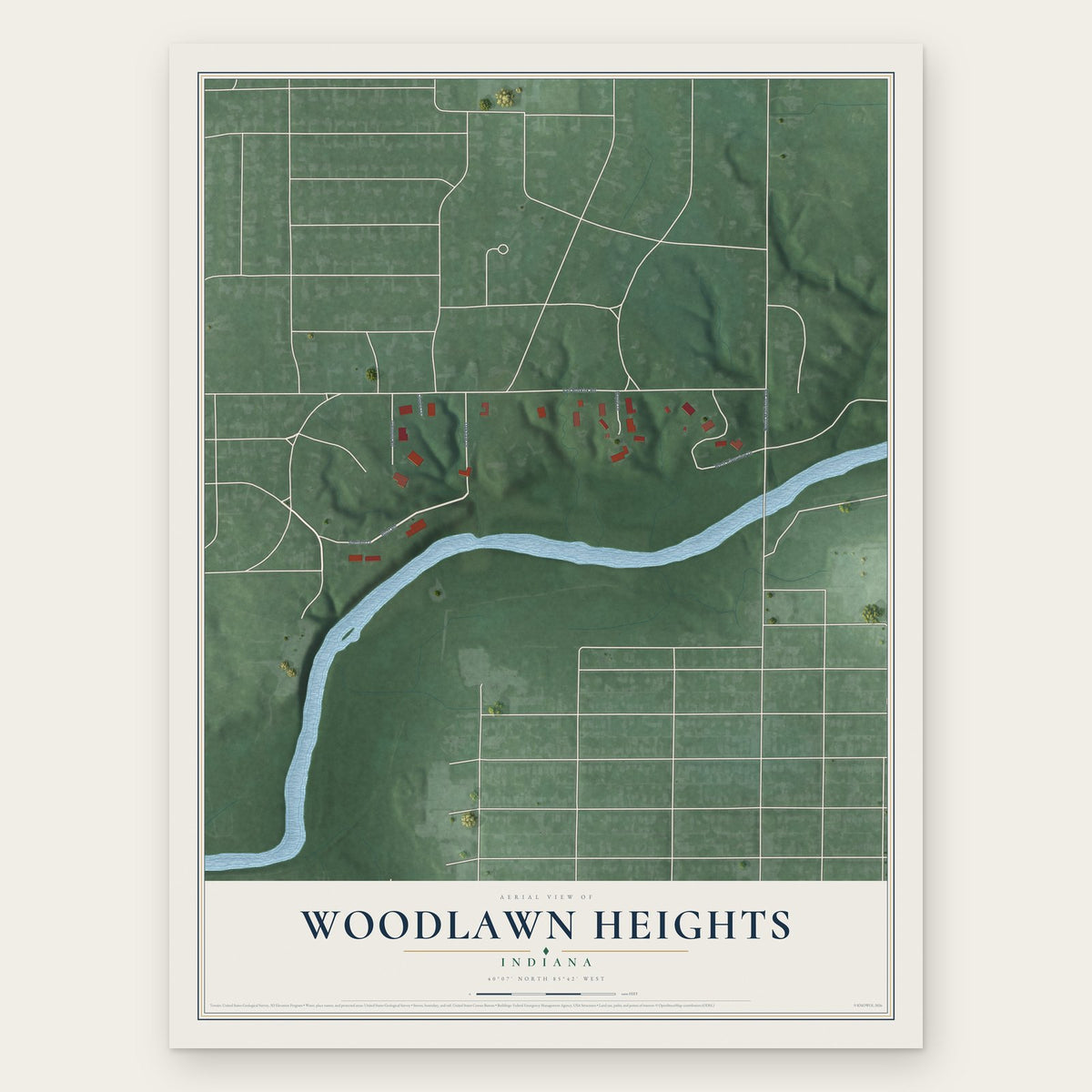 Woodlawn Heights, Indiana map print, the full design