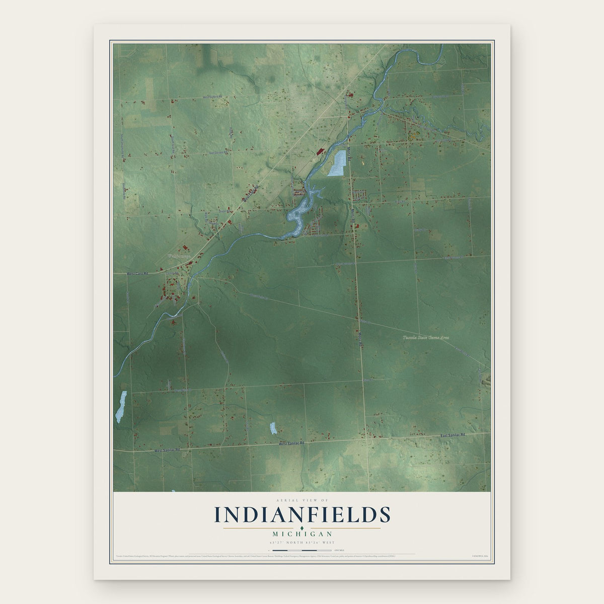 Indianfields, Michigan map print, the full design