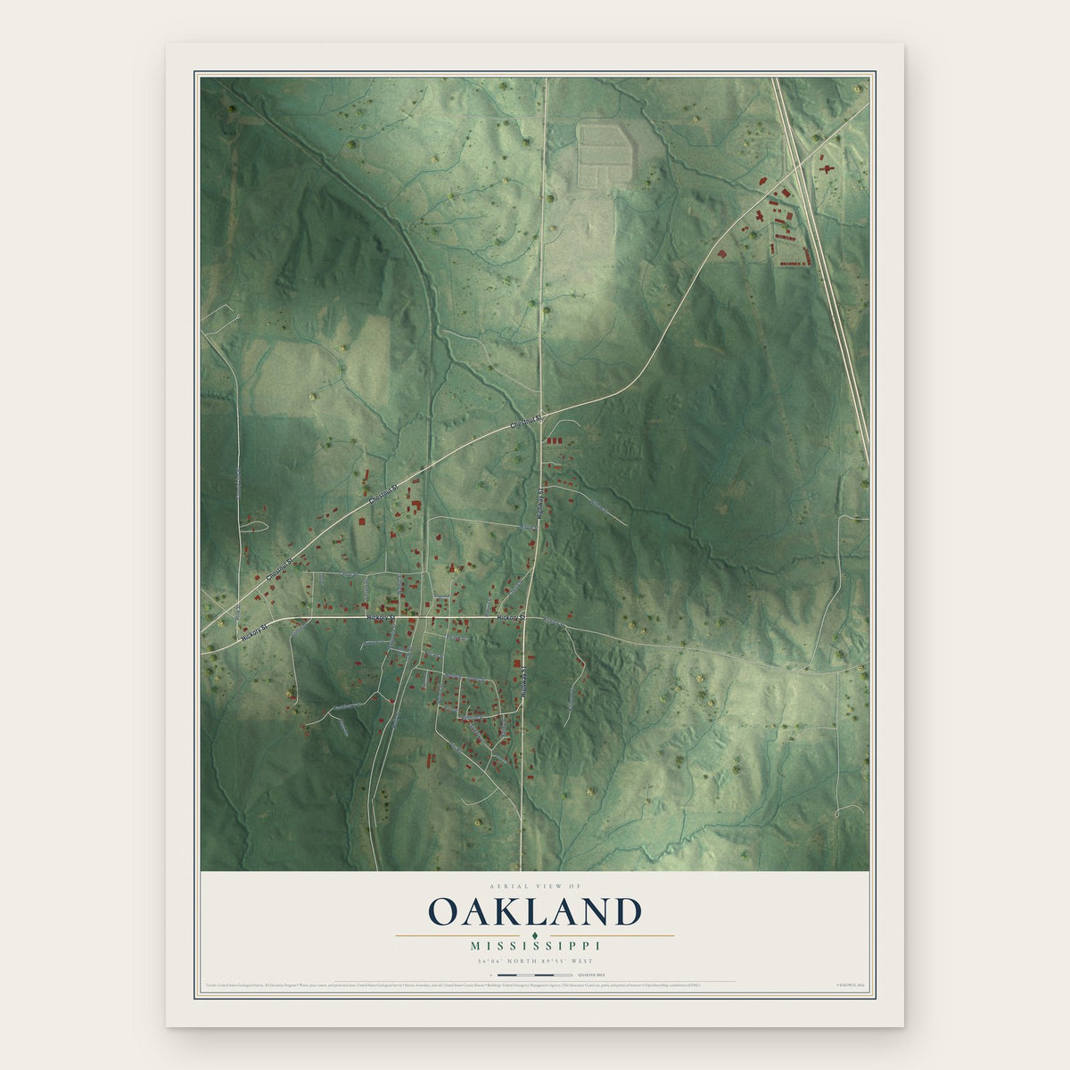 Oakland, Mississippi map print, the full design