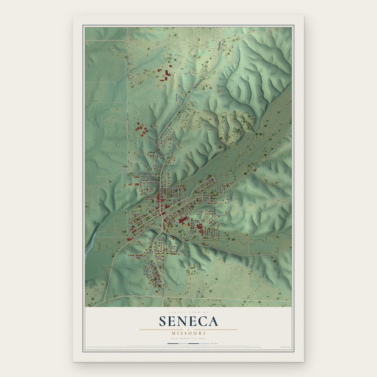 Seneca, Missouri map print, the full design
