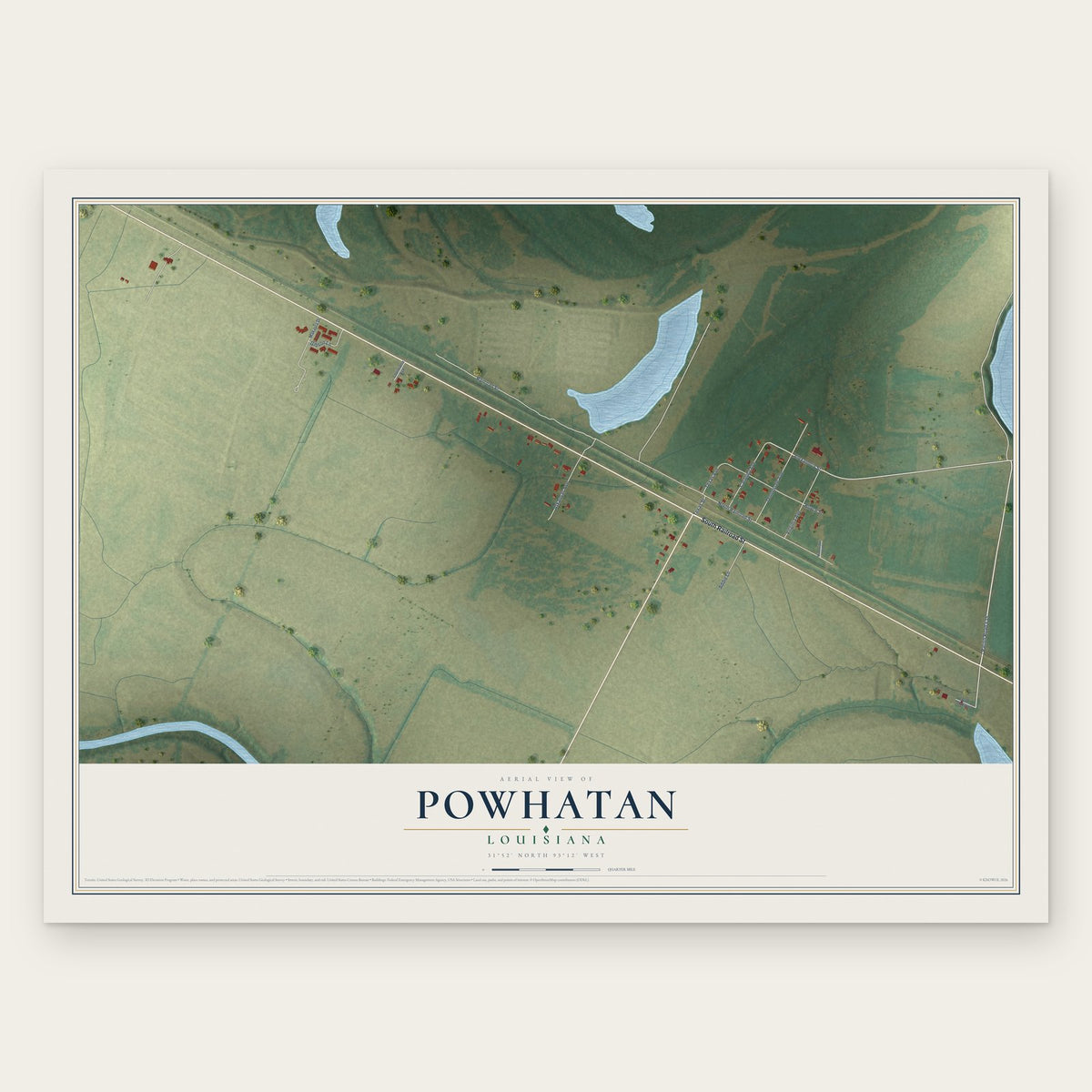 Powhatan, Louisiana map print, the full design