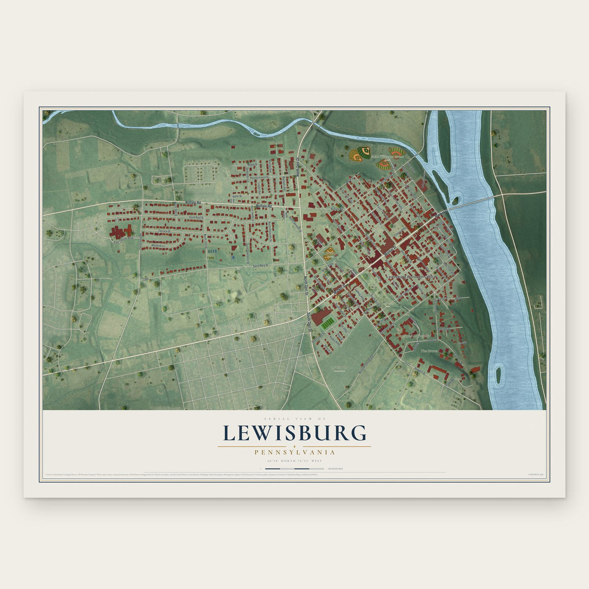 Lewisburg, Pennsylvania map print, the full design