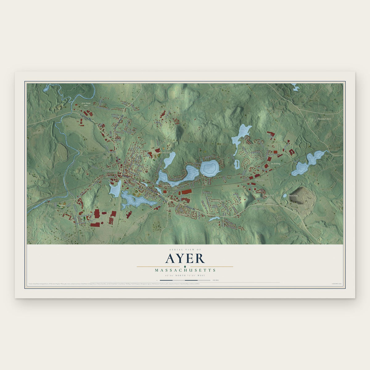 Ayer, Massachusetts map print, the full design