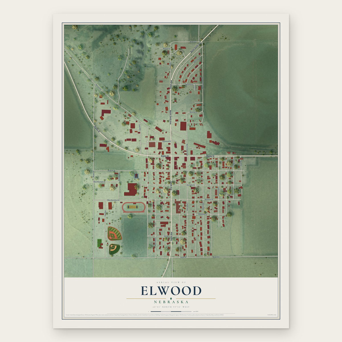 Elwood, Nebraska map print, the full design