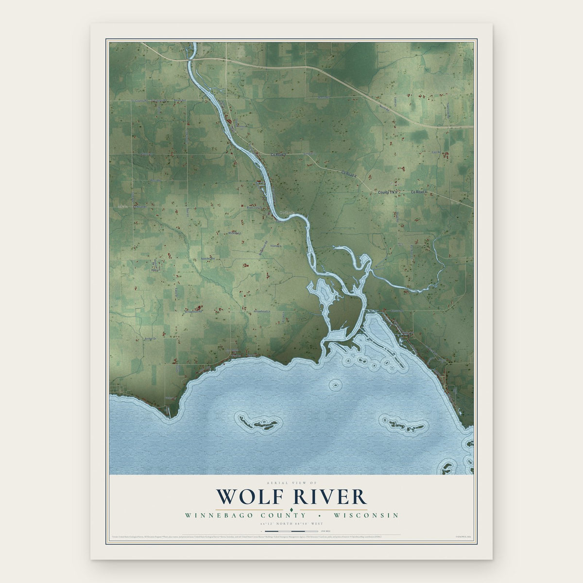 Wolf River, Winnebago County, Wisconsin map print, the full design