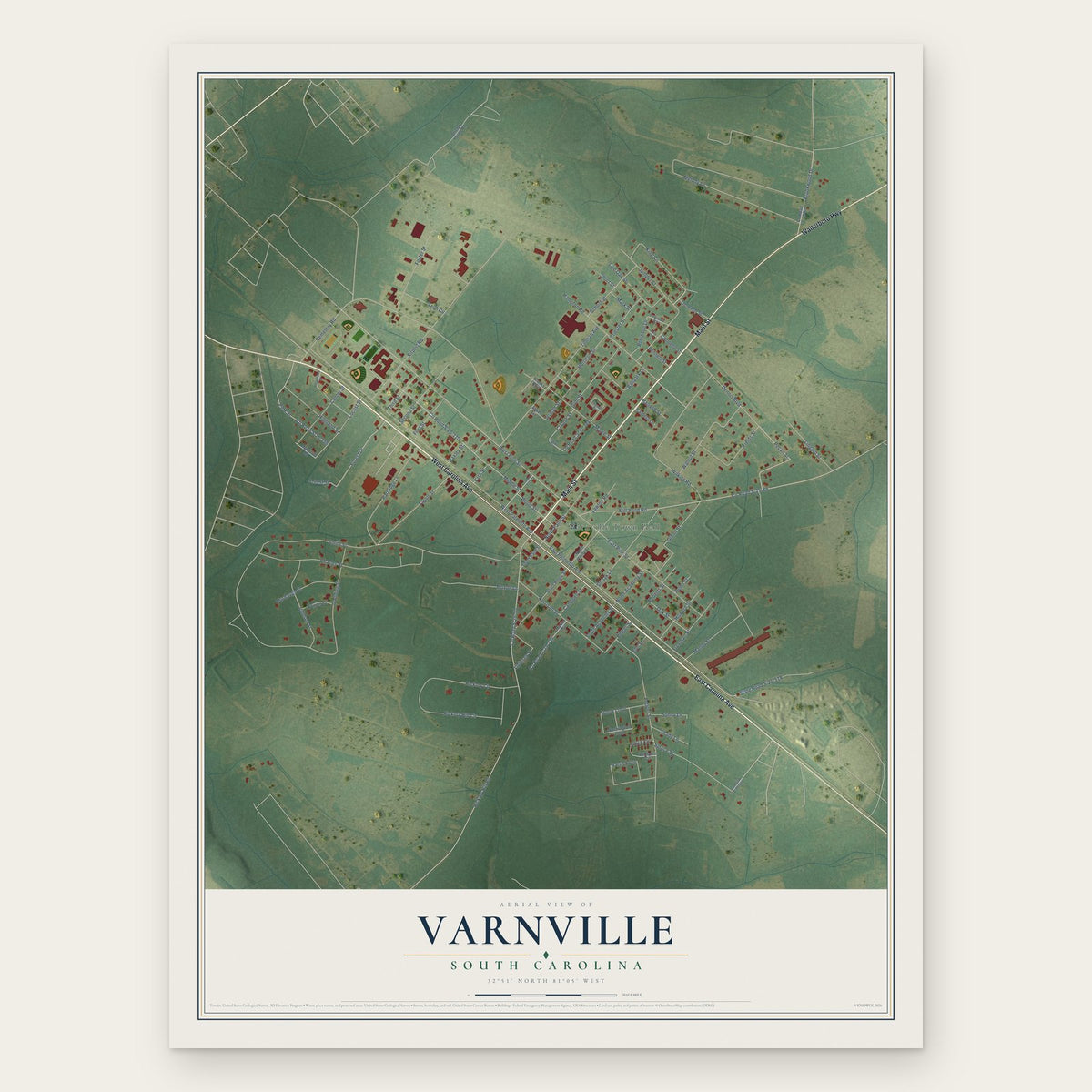Varnville, South Carolina map print, the full design
