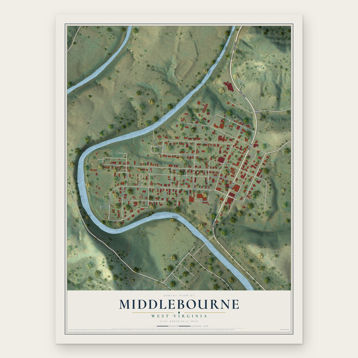 Middlebourne, West Virginia map print, the full design