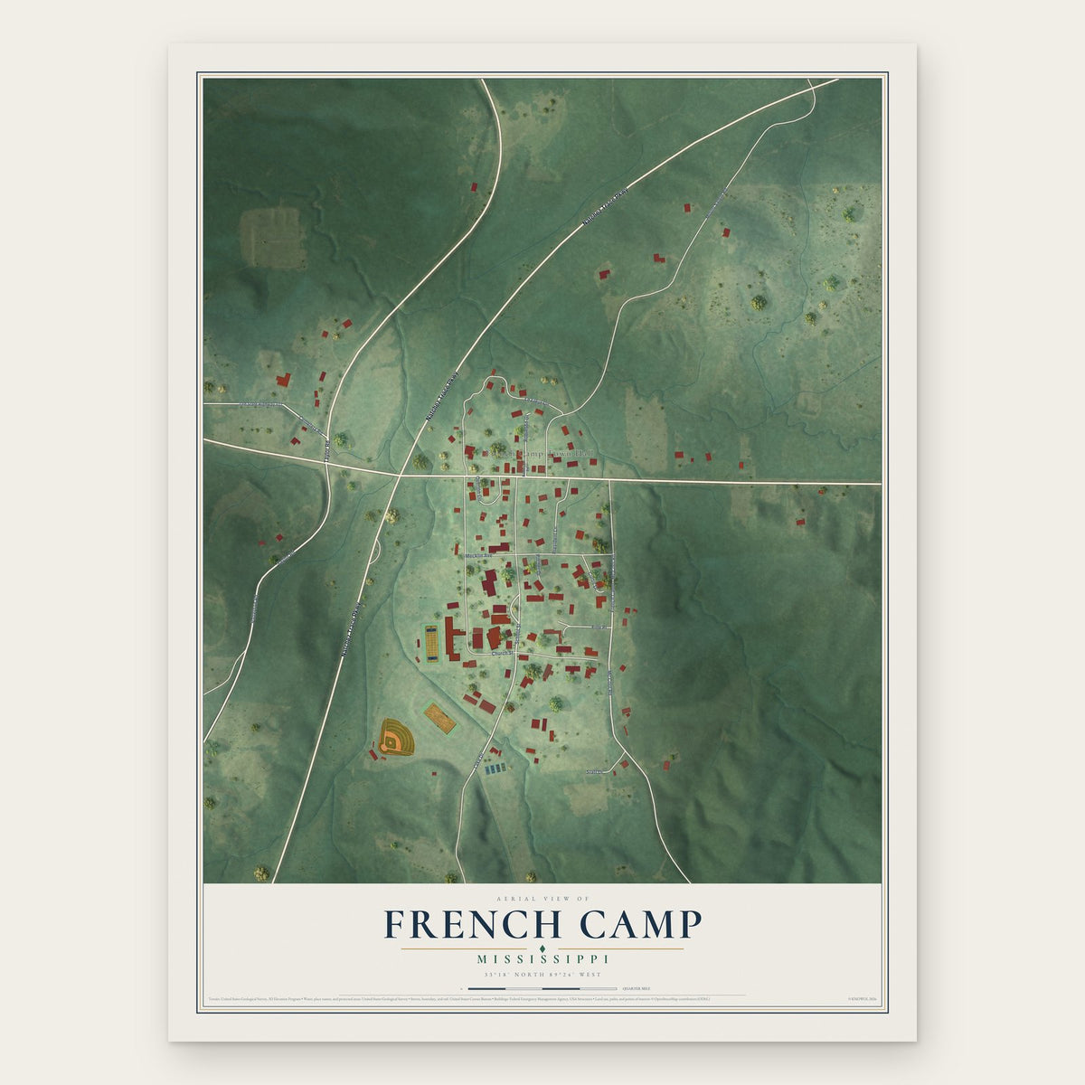 French Camp, Mississippi map print, the full design