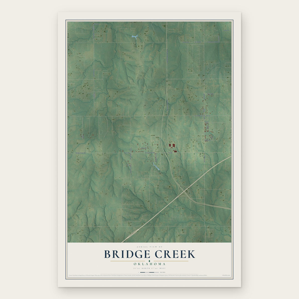 Bridge Creek, Oklahoma map print, the full design