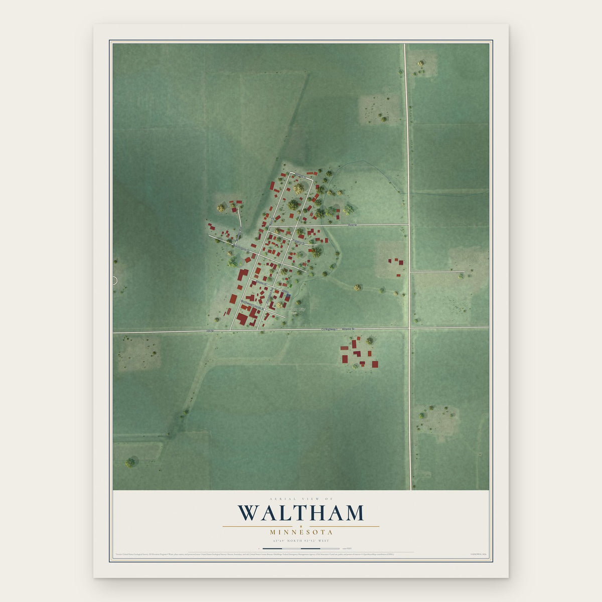 Waltham, Minnesota map print, the full design