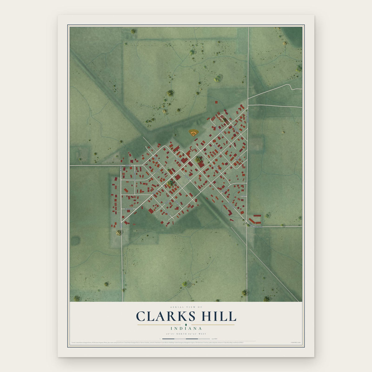 Clarks Hill, Indiana map print, the full design