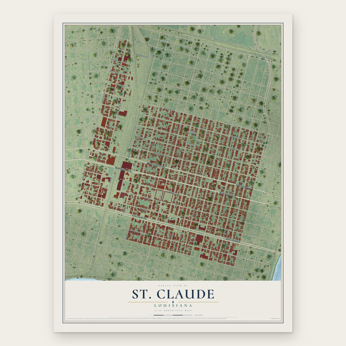 St. Claude, Louisiana map print, the full design