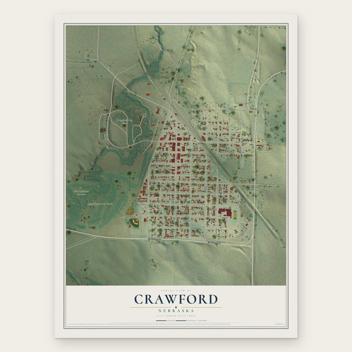 Crawford, Nebraska map print, the full design