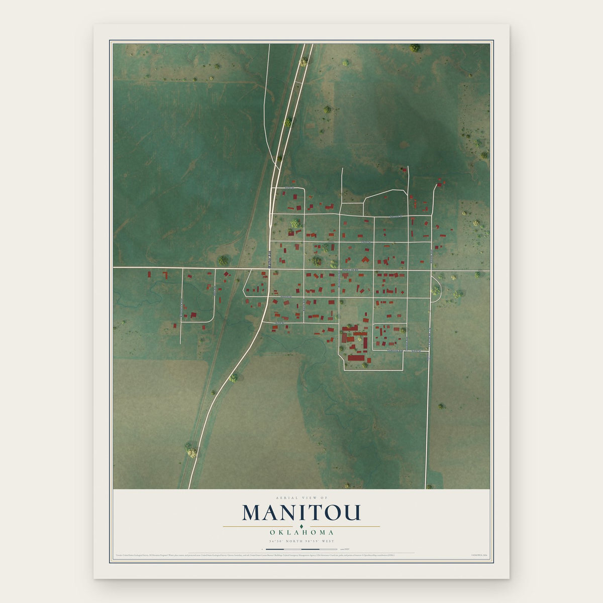 Manitou, Oklahoma map print, the full design