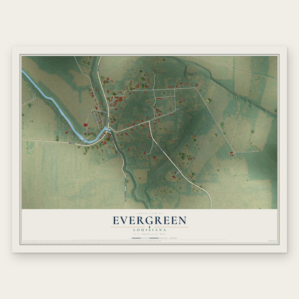 Evergreen, Louisiana map print, the full design