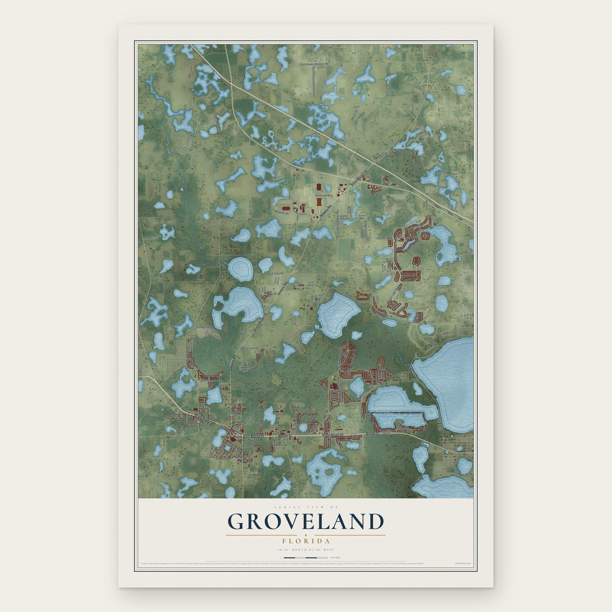 Groveland, Florida map print, the full design
