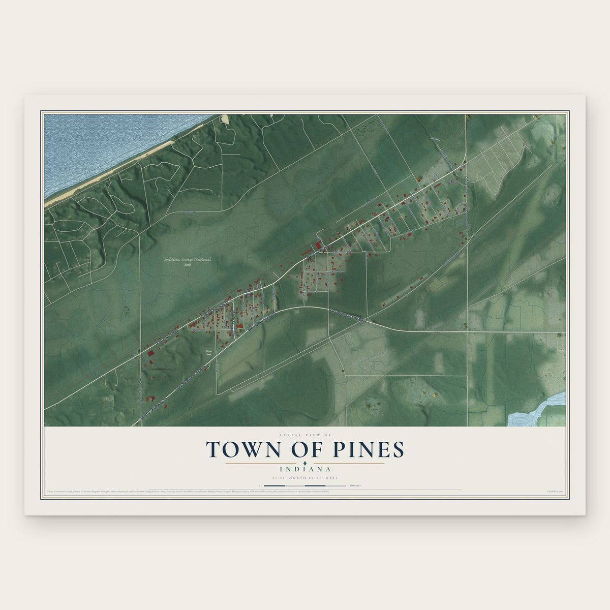 Town of Pines, Indiana map print, the full design