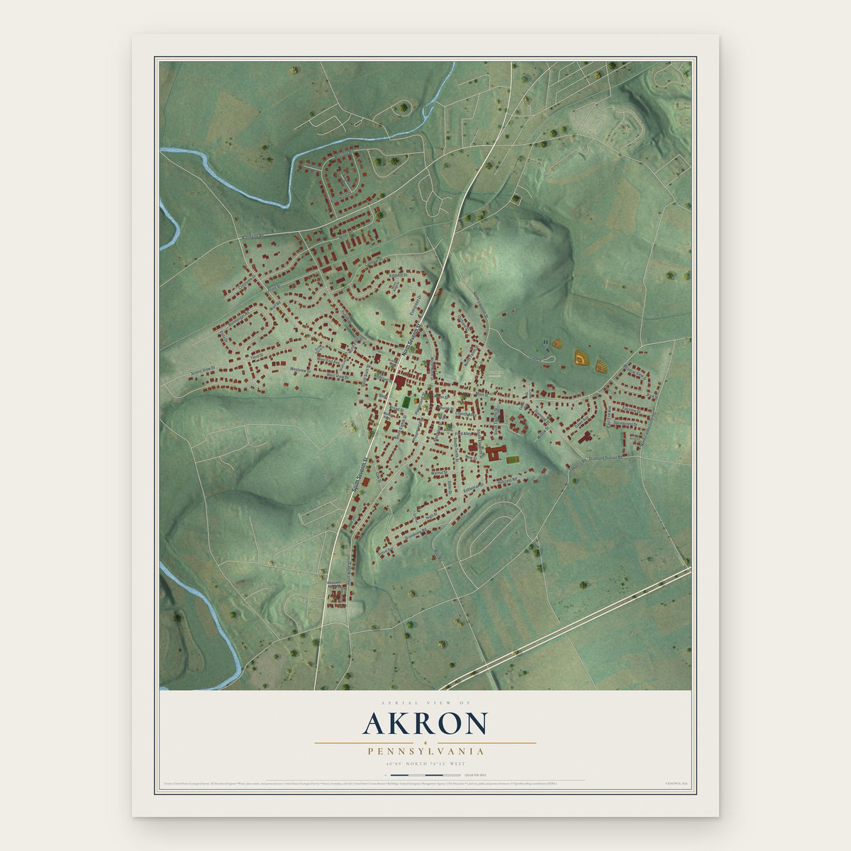 Akron, Pennsylvania map print, the full design
