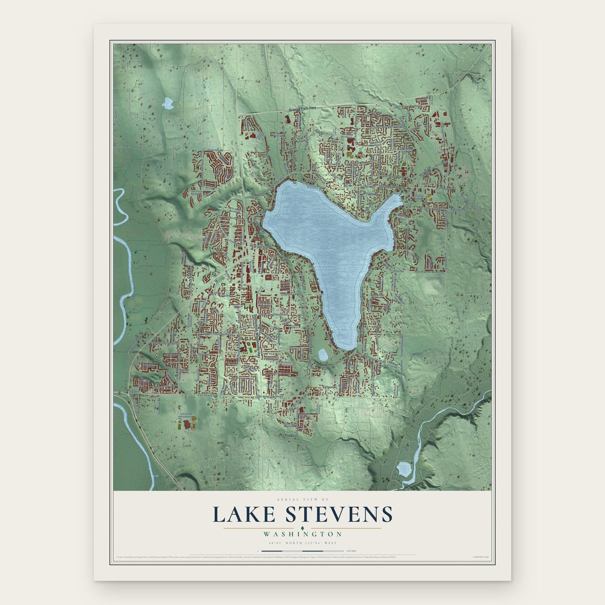 Lake Stevens, Washington map print, the full design