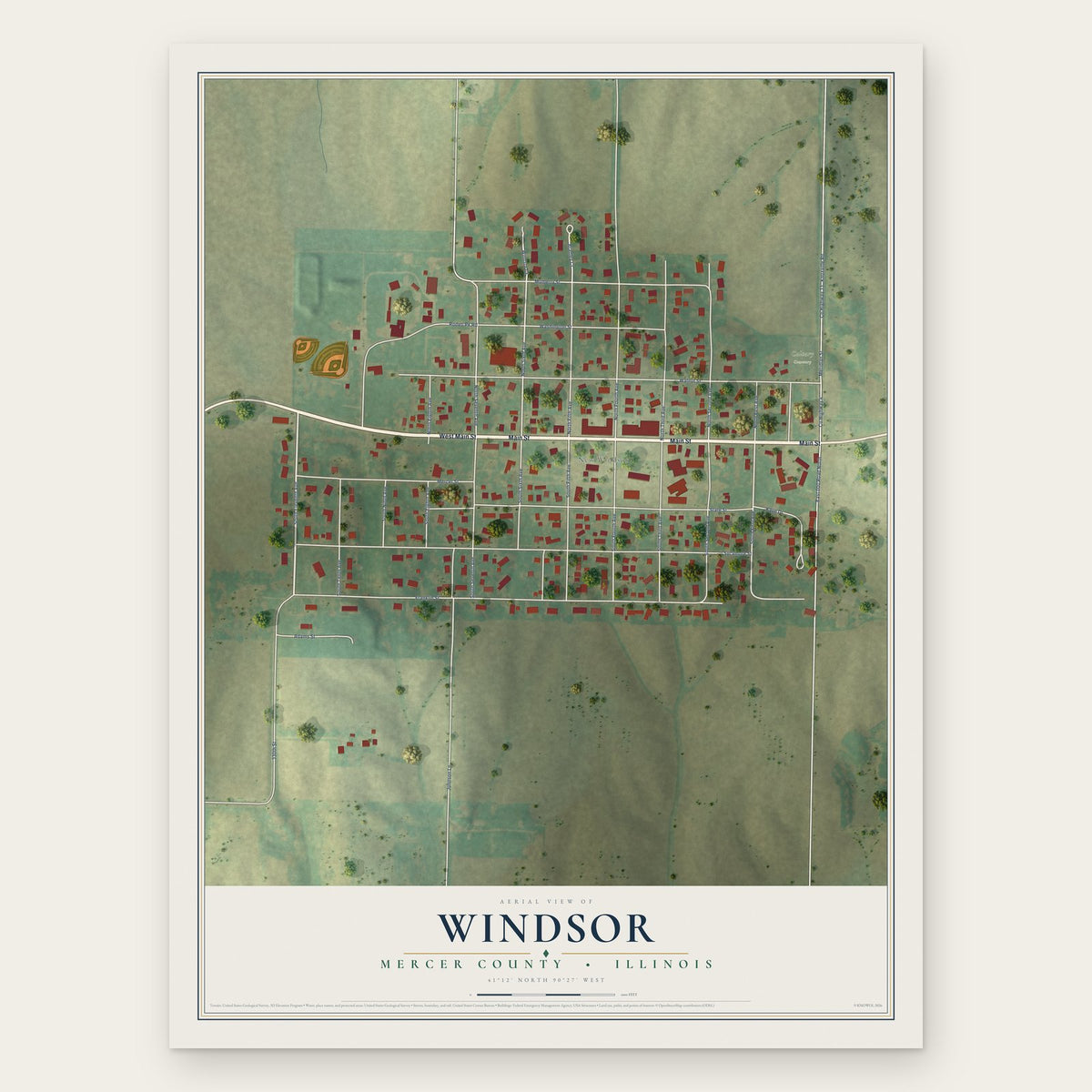 Windsor, Mercer County, Illinois map print, the full design