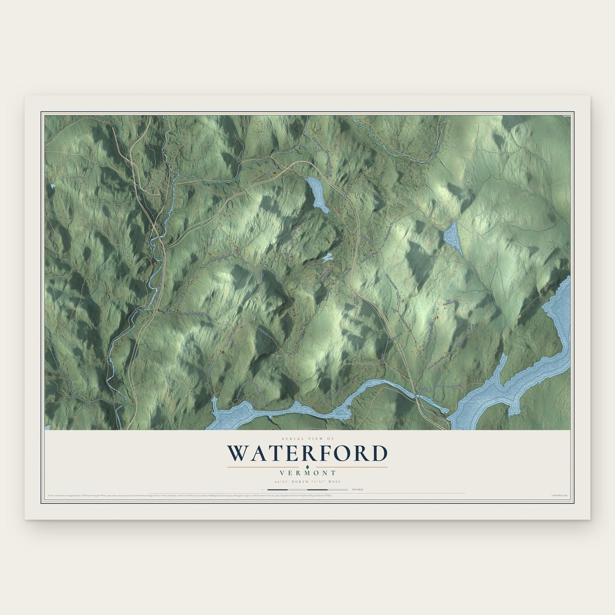 Waterford, Vermont map print, the full design