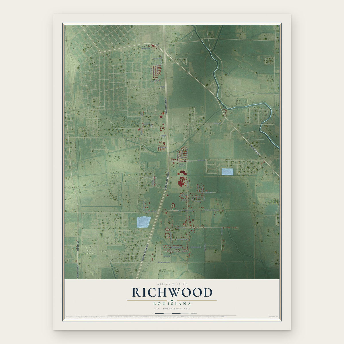 Richwood, Louisiana map print, the full design