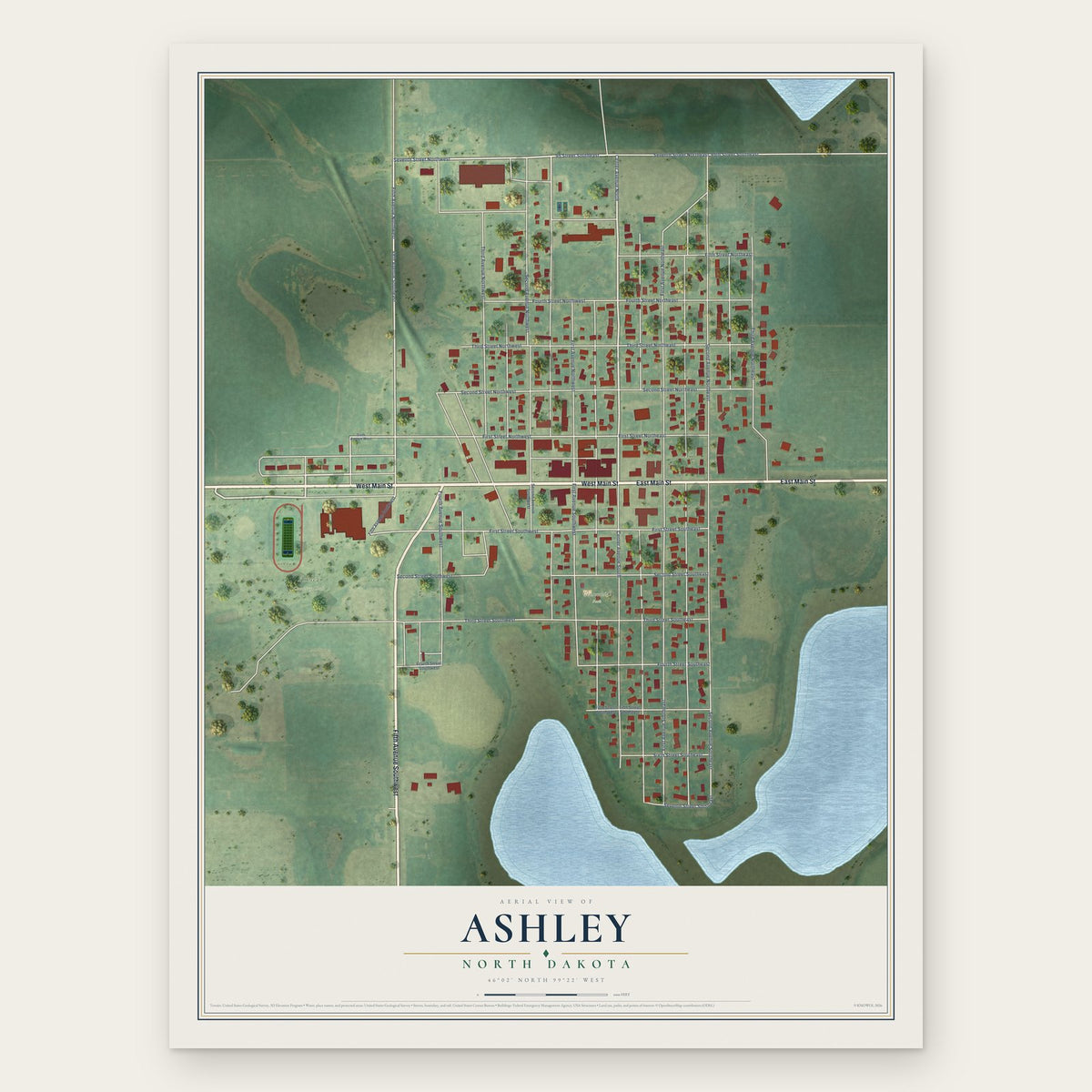 Ashley, North Dakota map print, the full design