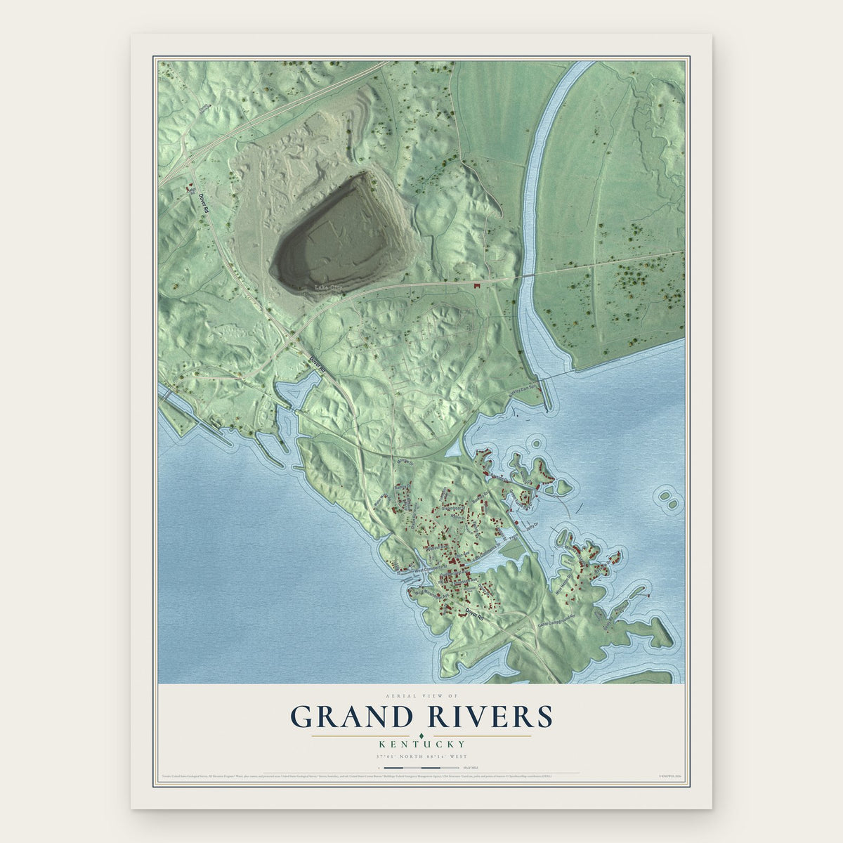 Grand Rivers, Kentucky map print, the full design