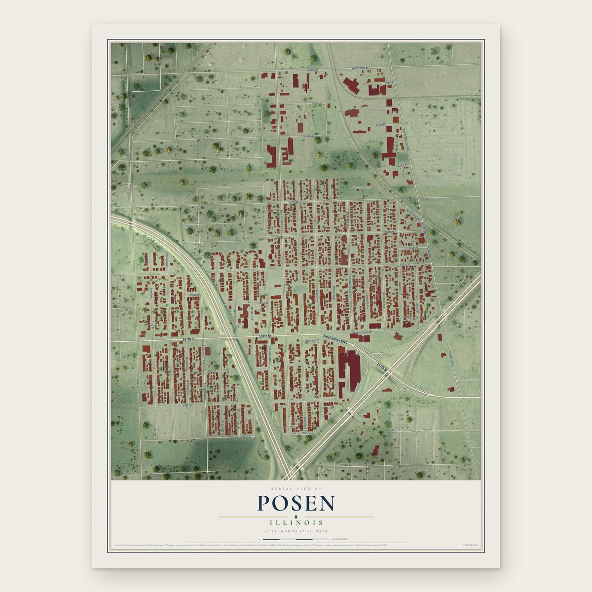 Posen, Illinois map print, the full design