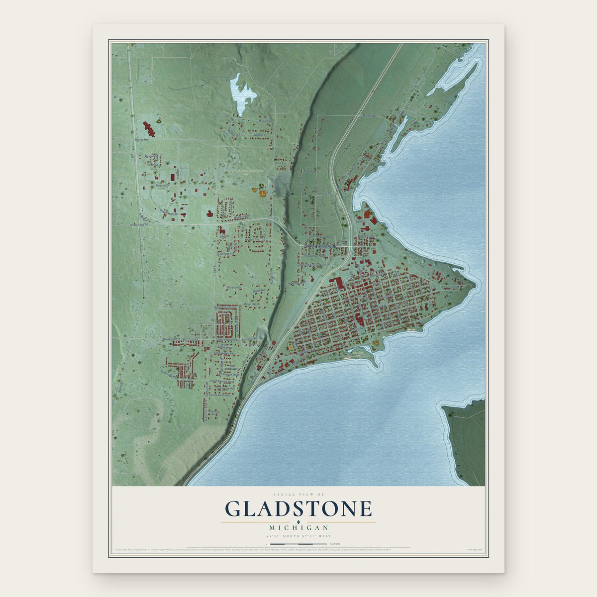 Gladstone, Michigan map print, the full design