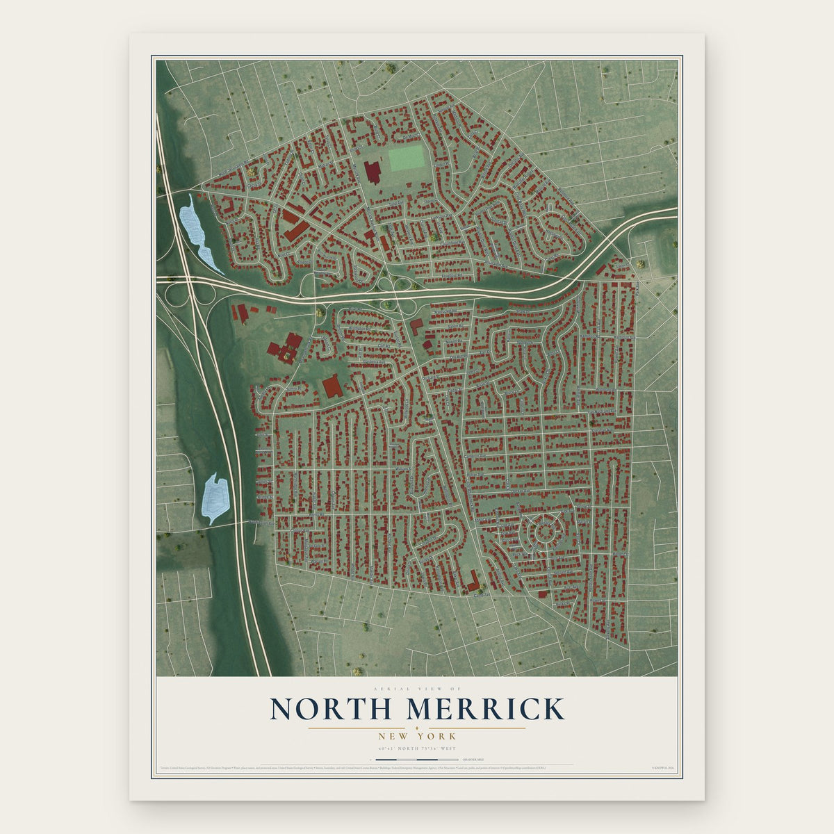 North Merrick, New York map print, the full design