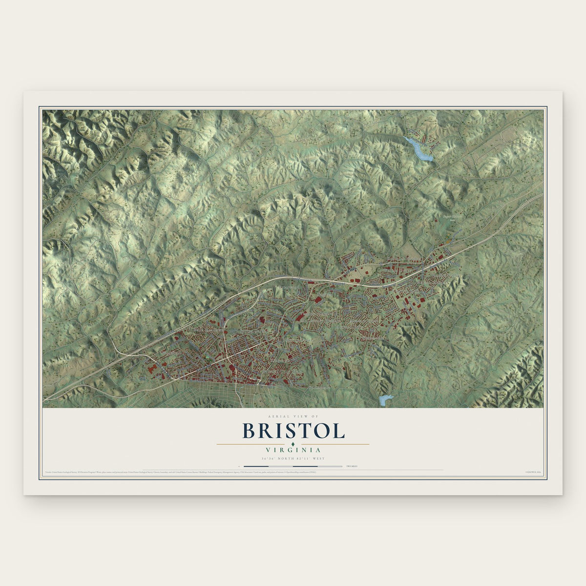 Bristol, Virginia map print, the full design