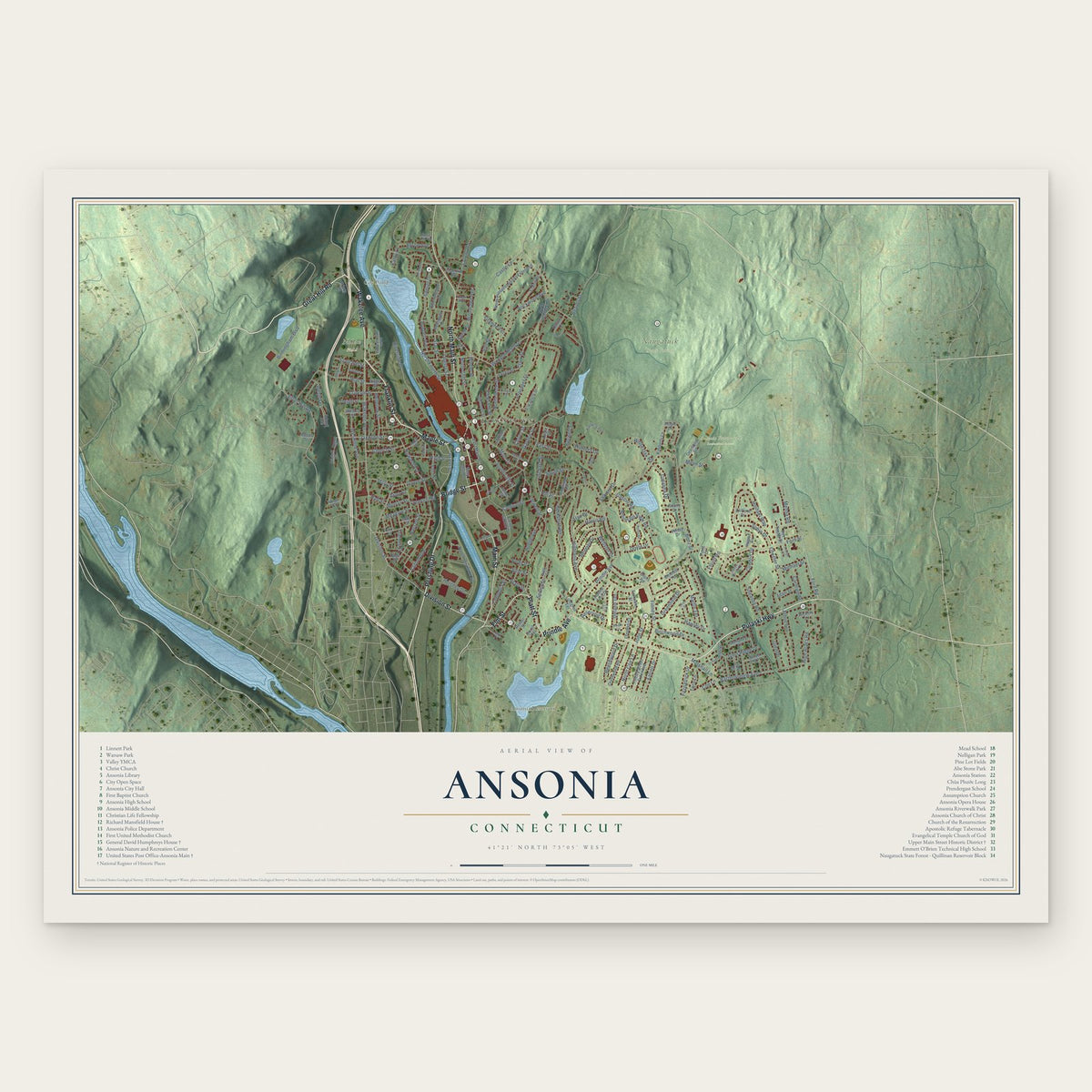 Ansonia, Connecticut map print, the full design