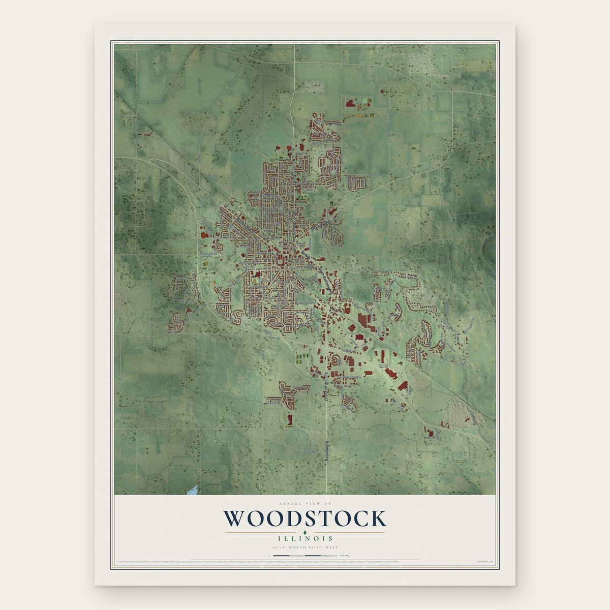 Woodstock, Illinois map print, the full design